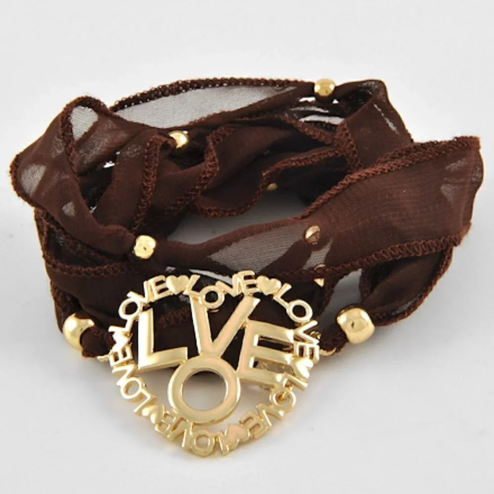 Brown Ribbon Valentine Heart Love Gold Accent Wrap Around Tie Bracelet NWT